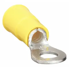 Vinyl insulated ring terminal for #6 stud size, accepting 12 AWG to 10 AWG wire. Rated 600 V. Used for secure electrical connections in control panels, machinery, and power distribution systems.