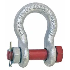 Anchor shackle for lifting and rigging applications. Silver body with red type designation. Working load limit of 24,000 lb and width between eyes of 2 1/32 in. Used to connect chains, slings, or cables to loads or anchor points.