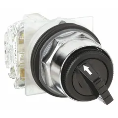 This 30 mm panel-mount selector switch from the 9001K series features a maintained/maintained action with two positions (Off/On) and a short-handled knob. It has a polycarbonate operator head, metallic bezel, and Cam E, with 1NC/1NO contacts rated 3 A at 240 V AC and 0.1 A at 600 V DC. Suitable for industrial control panels and machinery requiring manual on/off switching.