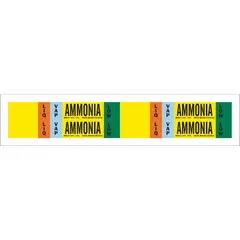 Ammonia adhesive pipe markers for identifying LIQ/VAP (liquid/vapor) phase in low-pressure ammonia piping systems. Each pack includes 4 markers without directional arrows, fitting pipe outer diameters from 3/4 to 2-3/8 inches. Suitable for industrial refrigeration and other ammonia line applications.