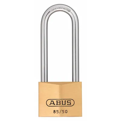 ABUS Padlock: Brass, Unfinished, Gold, Long Shackle, Steel, 3 5/32 in Vert Clearance - Long Shackle Master Keyed Padlocks