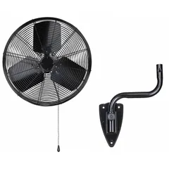 This Dayton wall-mount fan features an 18-inch blade diameter and a 1/7 hp motor operating on 120V AC. It offers two speeds and oscillates to distribute airflow across a wider area. The arm mount secures the fan to a wall, making it suitable for general air circulation in workshops, warehouses, and factories.