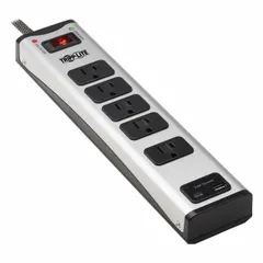 Industrial surge protector outlet strip with 5 outlets, 6 ft power cord, 2100 joule surge energy rating, and 15 amp current capacity. Keyhole mounting allows secure attachment to walls or equipment racks. Suitable for protecting electronics in workstations, server rooms, and control panels.