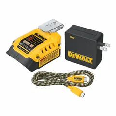 This USB charging kit operates at 20V DC and features two ports. It is designed to charge all DEWALT 20V Max and Flexvolt batteries. Suitable for job sites requiring simultaneous recharging of multiple batteries.