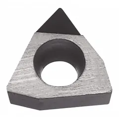 Trigon-shaped indexable turning insert with PCD grade for machining non-ferrous materials. Used in turning, facing, and profiling operations on lathes and turning centers. Provides wear resistance and surface finish in high-speed cutting of abrasive workpieces.