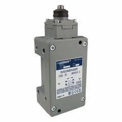 Metallic-bodied limit switch with plunger actuator and 0.08 in travel. Screw clamp terminals for electrical connection. Suitable for position sensing in industrial environments requiring robust construction.
