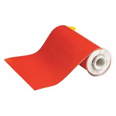 Polyester continuous label roll in orange gloss finish, 10 inches wide by 50 feet long. Rated for indoor and outdoor use. Compatible with PowerMark printer series. Used for pipe marking, safety warnings, and equipment identification in industrial environments.
