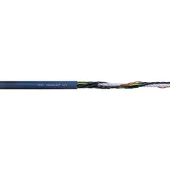 Continuous flexing control cable with 18 conductors of single copper wire, 16 AWG, black with white numbers, and a TPR jacket. Rated 300 V, includes ground conductor, notch resistant, CE certified. Suitable for fixed (3 x OD), flexible (4 x OD), and e-chain (5 x OD) installations in automated machinery and conveyor systems.