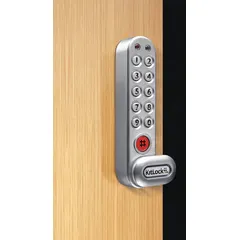 Electronic keypad cabinet and locker lock with powder-coated finish and cam latch. Body height 6 inches, body width 2 1/2 inches. Suitable for securing cabinets, lockers, and storage units in commercial and institutional environments.