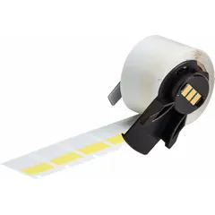 Yellow matte vinyl wraparound label measuring 1 in x 3/4 in, designed for permanent identification of wires from 16 AWG to 8 AWG. Compatible with M610 printer series and requires M61-R4310 ribbon. Used for industrial cable marking in electrical panels, machinery, and control systems.