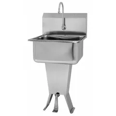 This freestanding hand sink with faucet is constructed from 18 ga stainless steel. It features a 19 in long by 10 in deep bowl and a 2 gpm flow rate. Side splash is not included. Suitable for commercial handwashing stations.