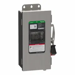 This non-fusible safety switch is rated 60 A, three phase, 600V AC/DC. Housed in a galvanized steel enclosure for indoor use, it provides a means to safely disconnect electrical power for maintenance or emergency shutdown in industrial and commercial three-phase applications.
