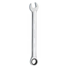 This metric 12-point ratcheting combination wrench features a 41 mm head size and a 22 5/8 in overall length. Constructed from alloy steel with a chrome finish, it is suited for fastening applications in industrial settings.