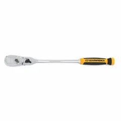 This 17-inch flex-head ratchet features a reversible pear-head design with a full polish chrome finish. The 4° minimum arc swing allows use in confined spaces where a standard ratchet cannot fit. Suitable for tightening and loosening fasteners in automotive, industrial, and maintenance applications.
