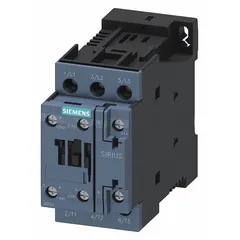 Non-reversing IEC contactor with 3 poles and 3 normally open contacts, rated 12 A. Coil voltage 24 V DC. Integrated surge suppression included. Suitable for switching motors, lighting, and resistive loads in industrial control panels.
