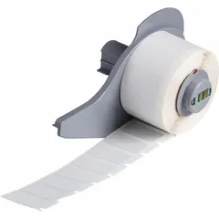Thermal transfer precut label roll, 1/2 in x 1 in, rubber aggressive adhesive for permanent bonding. Contains 500 labels. Compatible with BMP71 printer series. Used for industrial identification, asset tagging, cable marking, and safety labeling.