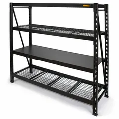 Medium-duty lock-beam wire decking bulk rack, 77 in x 24 in x 72 in, with 4 wood shelves. Standalone unit for organizing and storing bulk materials in warehouses or industrial facilities.
