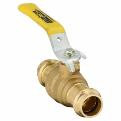 This brass ball valve features a straight, two-piece body with press x press connections and a locking lever handle. It is used for on/off flow control in plumbing, HVAC, and process piping systems. The 1/2-inch size suits commercial and industrial applications requiring secure shut-off.