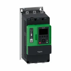 Three-phase soft starter with bypass for controlling acceleration and deceleration of induction motors, reducing mechanical stress and inrush current. Output current 140 A, control voltage 110-230V AC, frequency 60/50 Hz, IP00 enclosure. Suitable for applications such as pumps, fans, compressors, and conveyors.