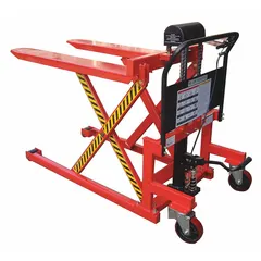 This manual high-lift pallet jack features steel narrow forks measuring 44 inches in length by 21 inches in width. It is equipped with a foot pump lift control and a raised handle type. Designed for tilting containers, it facilitates material handling tasks in warehouses and industrial facilities.