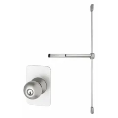 This rim-type exit device features a touchbar style for push-pad operation. Constructed of aluminum, it includes a knob outside trim. Suitable for doors up to 3 ft wide, it is ADA compliant for accessible egress in commercial applications.