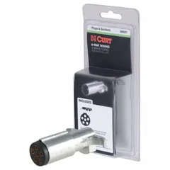 6-way plastic electrical plug for connecting trailer lighting and auxiliary power systems. Used in towing applications for tail lights, turn signals, brakes, and electric brakes. Suitable for trucks, RVs, and fleet vehicles.