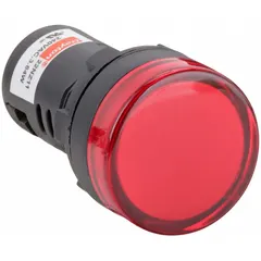 This LED indicator pilot light is designed for 22 mm panel mounting holes and features a raised head for clear visibility. It uses an M3.5 screw electrical connection for secure wiring. Typical applications include visual status indication in industrial control panels, machinery, automation systems, and electrical enclosures.