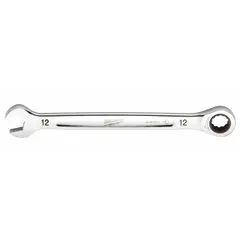 This 12 mm combination wrench features a 12-point ratcheting box end for faster fastening without repositioning. Made of chrome vanadium steel with a chrome finish, it is suited for general industrial maintenance, assembly, and repair tasks involving metric fasteners.