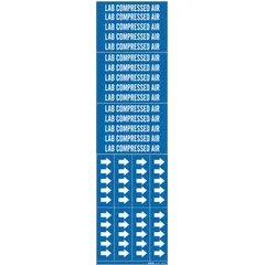 Blue adhesive pipe marker with white legend reading 'Lab Compressed Air'. Designed for pipes with outer diameter of 3/4 inch and smaller. Pack includes 3 markers without directional arrows. Used to identify compressed air lines in laboratory and industrial piping systems.