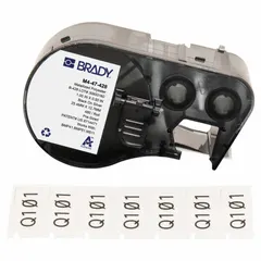 Precut label roll cartridge for BMP51 printer series. Labels are 1/2 in x 1 in, metalized polyester, black on gray. Used for industrial identification, asset tagging, and safety labeling.