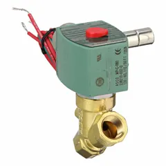 This REDHAT solenoid valve is a 2-way, 2-position normally closed type with a 3/8 in pipe size. It operates on 120V AC (also rated 110V AC) and features a watertight coil enclosure. Commonly used to control the flow of liquids or gases in automated systems, it is suited for applications requiring a compact, reliable valve.