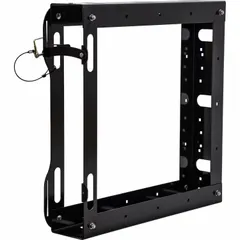 Outrigger pad holder designed for storing and organizing outrigger pads on service trucks or equipment. Facilitates quick access and secure retention during transport. Suitable for use with aerial lifts, cranes, and other mobile equipment requiring outrigger stabilization.