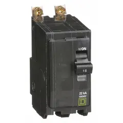 Bolt-on miniature circuit breaker from the QOB Series, rated 15 A at 120/240V AC, single phase, with a maximum interrupting rating of 22kA at 120/240V AC. Two-pole construction for overcurrent protection in branch circuits. Suitable for use in Square D NQOD panelboards in commercial and industrial electrical distribution systems.