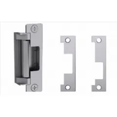 This cylindrical electric strike is constructed of stainless steel and measures 1 1/4 in wide by 4 7/8 in high. It operates on 12V AC/DC input voltage and is rated for heavy-duty performance. Used in access-control systems to secure doors, it releases the latch when powered.