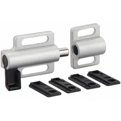 Non-locking deadbolt latch for double extrusion profiles in 15, 40, and 45 Series framing systems. Made of die cast zinc with a powder-coated silver finish. Metric dimensions: 78 mm x 38 mm x 16 mm. Fasteners not included.