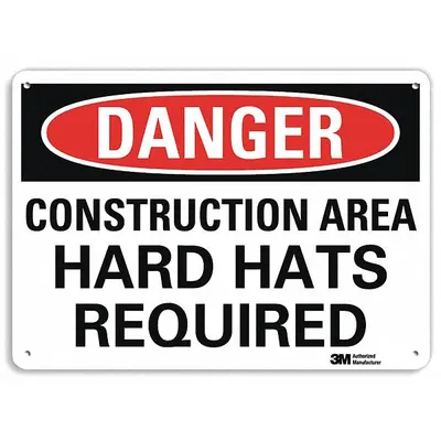 LYLE Danger Sign: Plastic, Mounting Holes Sign Mounting, 10 in x 14 in Nominal Sign Size - Danger: Construction Area Hard Hats Required Signs