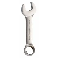 Alloy steel combination wrench with satin finish. Features a 12-point box end and open end, 18 mm head size, 5-inch overall length, and offset design for access to recessed fasteners. Used for tightening or loosening metric fasteners in automotive, machinery, and industrial applications.