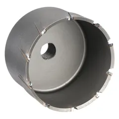 This two-piece alternate-tooth annular cutter features carbide tips for cutting metal. With a 3-3/4 in diameter and 2 in max cutting depth, it includes a pilot pin and has a bright finish. Used for creating precise holes in steel beams, plates, and machinery components during fabrication and maintenance.