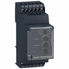 DIN-rail mounted relay for monitoring undercurrent conditions in electrical circuits. Features 12 screw terminals, 5 A rating, and accepts 24 to 240V AC/DC supply. Drop-out range of +/- 10%. Suitable for load protection and motor monitoring in industrial control panels.