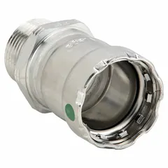 This press fitting is used in potable water plumbing systems to connect 1/2 in pipe to 1/2 in pipe. It features a Press-fit x MNPT connection with an EPDM seal for leak-proof joining in stainless steel press-fit installations.
