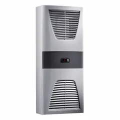 Wall-mount heat exchanger for cooling indoor industrial enclosures. Operates at 230 V with cooling-only function. Suitable for dust-tight environments to remove heat from electrical components.