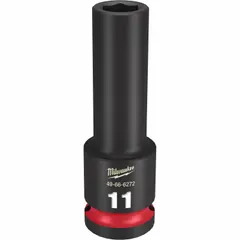 This 1/2" drive impact socket features an 11 mm metric, 6-point deep design for accessing recessed fasteners. The friction retention mechanism secures the socket on the anvil. Black Phosphate finish provides corrosion resistance. Suitable for high-torque fastening and loosening applications with impact tools.