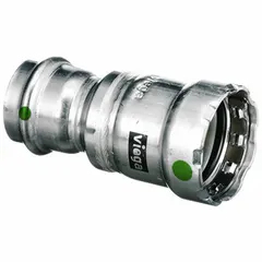 Press-fit coupling for potable water stainless steel piping systems. Connects two 1 in pipes with press-fit ends. EPDM seal provides leak-free joints in industrial plumbing applications.