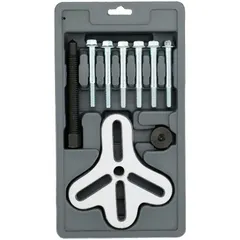 This push-puller set is used for separating flanged joints in piping systems during maintenance and repair. It features a minimum spread of 1 1/2 inches, a maximum spread of 4 5/8 inches, and a maximum reach of 2 inches. The tool has a 5/8"-10 thread specification.