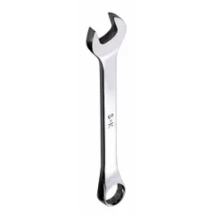 This SAE 12-point combination wrench features a 1-3/8 in head size with an offset design for improved access in confined spaces. Constructed from alloy steel with a chrome finish, it is suited for tightening and loosening fasteners in mechanical maintenance and repair tasks.