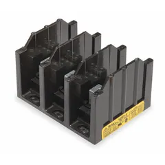 Open-style power distribution block with line lugs and load studs for surface mounting. Accepts aluminum conductors from 6 AWG to 500 kcmil on the line side. Suitable for distributing power from a single input to multiple outputs in industrial control panels and switchgear.