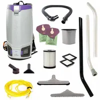 Corded backpack vacuum with 124 cfm air flow and 63 dB sound level for quiet operation. Features a 1 1/2 gallon bagged capacity and weighs 13.3 lb. Suitable for continuous debris collection in noise-sensitive environments such as schools, hospitals, and offices