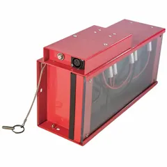 Spare battery box assembly for 36V systems, designed as a battery pack accessory for powered hand trucks. Constructed of stainless steel with a red finish. Measures 7 3/4 inches in height and 4 7/8 inches in width. Compatible with Magliner Dewar Cart models.
