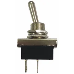 This SPST momentary on/off toggle switch is designed for high-current automotive applications. It features a silver actuator, black stem, and panel-mount style with two 1/4 in male terminals. Suitable for controlling battery circuits, auxiliary lighting, or other 12 VDC loads in vehicles.