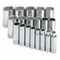 This 19-piece socket set includes SAE deep sockets from 3/8 in to 1-1/2 in with a 1/2 in drive. Each socket features a 6-point design and a friction ball retainer. Suitable for tightening and loosening fasteners in automotive, industrial, and mechanical applications.